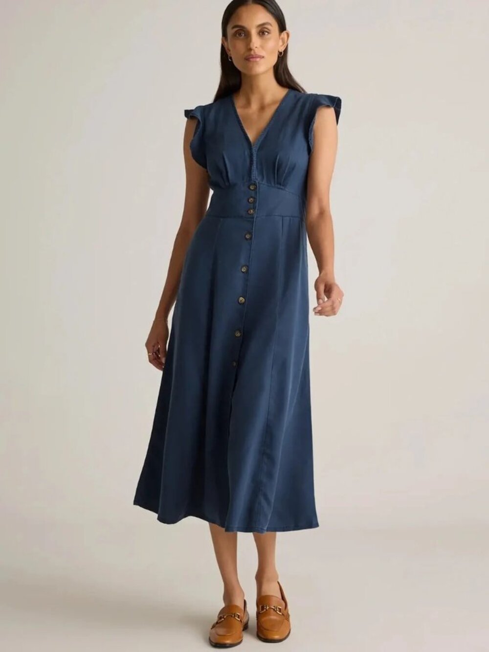 Quince Vintage Wash Tencel Button Front Midi Dress Midnight Blue Medium